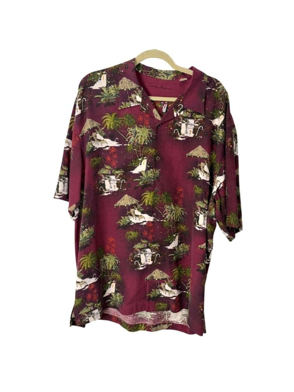 Tommy Bahama Mens Size XL Hawaiian Shirt Red Palm Tree Penguin Cocktail Print